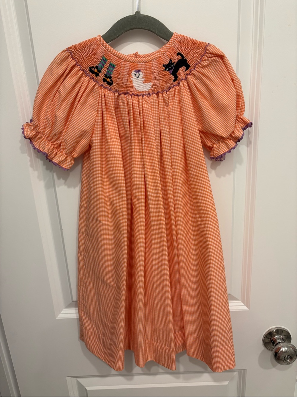 Southern Sunshine Halloween Smocked Bishop Dress Orange Gingham Size 3